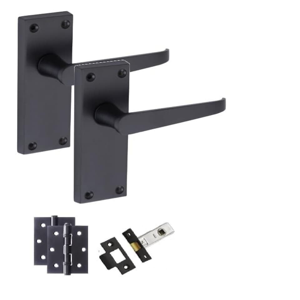 image 1 of Golden Grace 6 Pairs Victorian Straight Handle Latch Door Handles in Matt Black with 3" Ball Bearing Hinges & Latches, 6 Set - 120mm x 40mm Backplate | Black | 6 Set