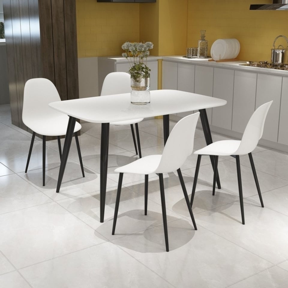 image 1 of Aspen Tapered Legs Rectangular Dining Table and 4 Curve Plastic Seat Chairs with Metal Legs - White - Flat Packed White
