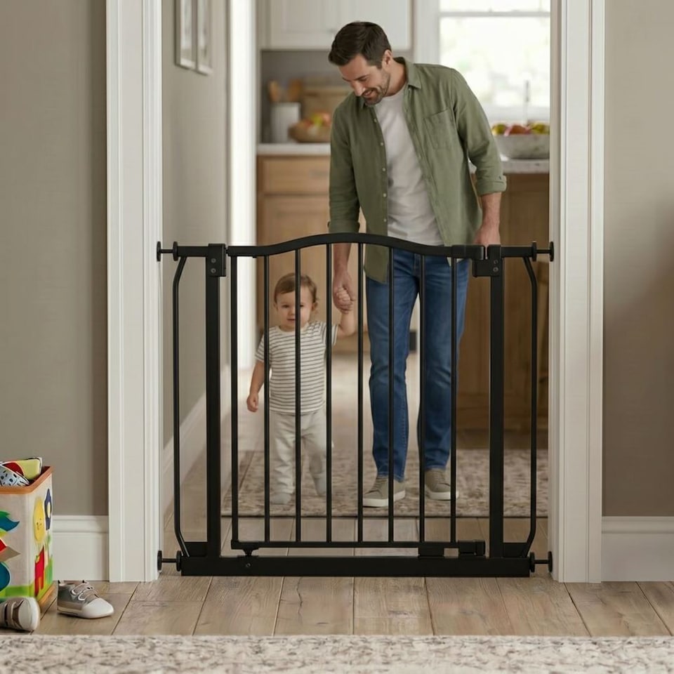 image 1 of Safetots Curved Top Safety Gate, 71cm - 80cm, Matt Black, Pressure Fit Stair Gate