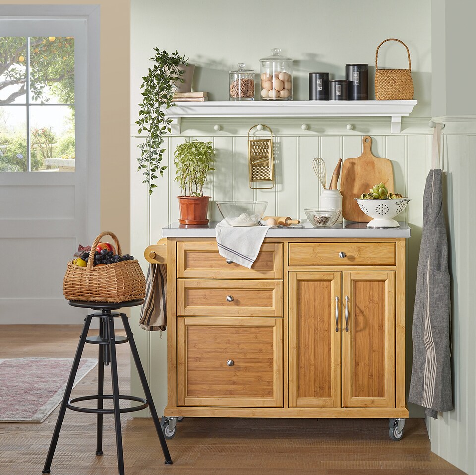 image 1 of SoBuy Kitchen Storage Trolley with Stainless Steel Top, Bamboo, 45.3x18.1x36.2 in, 23.9 kg - FKW70-N