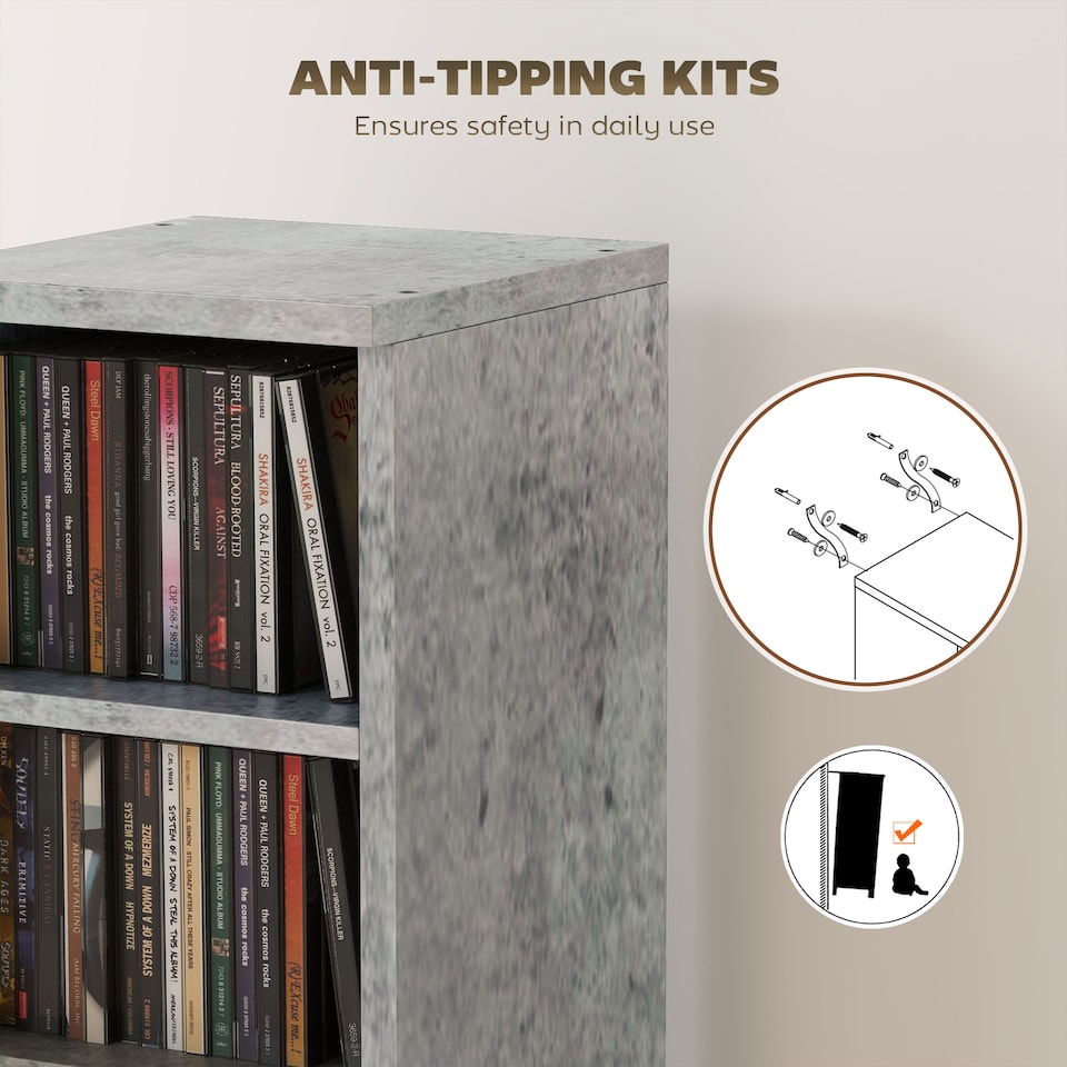 image 1 of HOMCOM Set of 2 CD Storage Units DVD Shelf with Adjustable Shelves | Grey | Cement grey | 21W x 22.5D x 88.5H cm