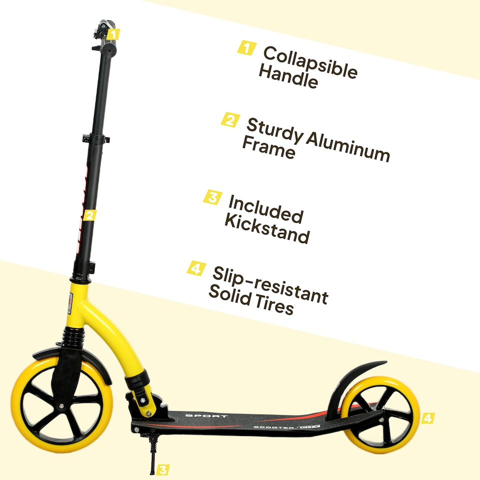image 1 of HOMCOM Foldable Kick Scooter with Double Shock Absorption and Big Wheels, Height Adjustable Aluminium Frame Big Wheel Scooter for 14 older Teens Adult - Yellow | Yellow | Yellow | 92.5L x 37.5W x 82-97H cm
