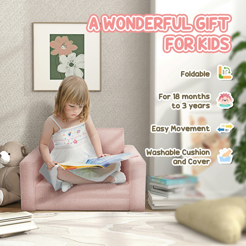 image 1 of AIYAPLAY Kids Sofa Bed, Folding Toddler Armchair Recliner Couch Pink Pink