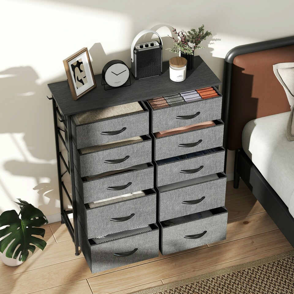 image 1 of HOMCOM Fabric Chest of Drawers, 10 Drawer Dresser for Bedroom, Charcoal Grey Grey