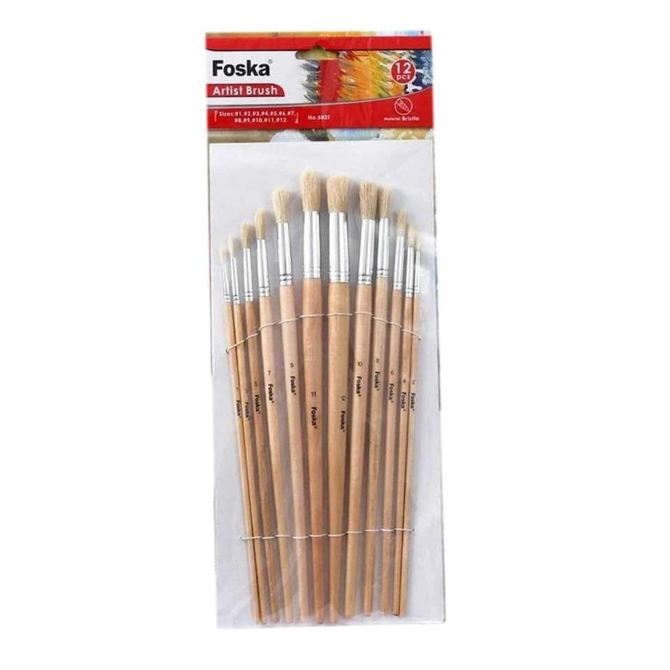 image 1 of Pack of 12 Assorted Size Wooden Round Handle Bristle Hair Artist Paint Brush Set