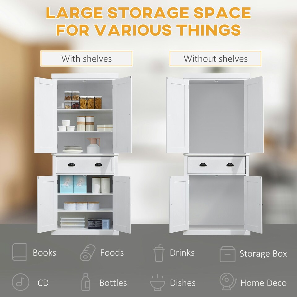 image 1 of HOMCOM Freestanding Kitchen Pantry Cupboard Storage Cabinet with Doors White