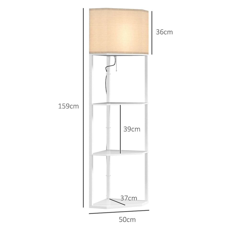 image 1 of HOMCOM Corner Modern Floor Lamp with Shelves for Living Room, Bedroom, White