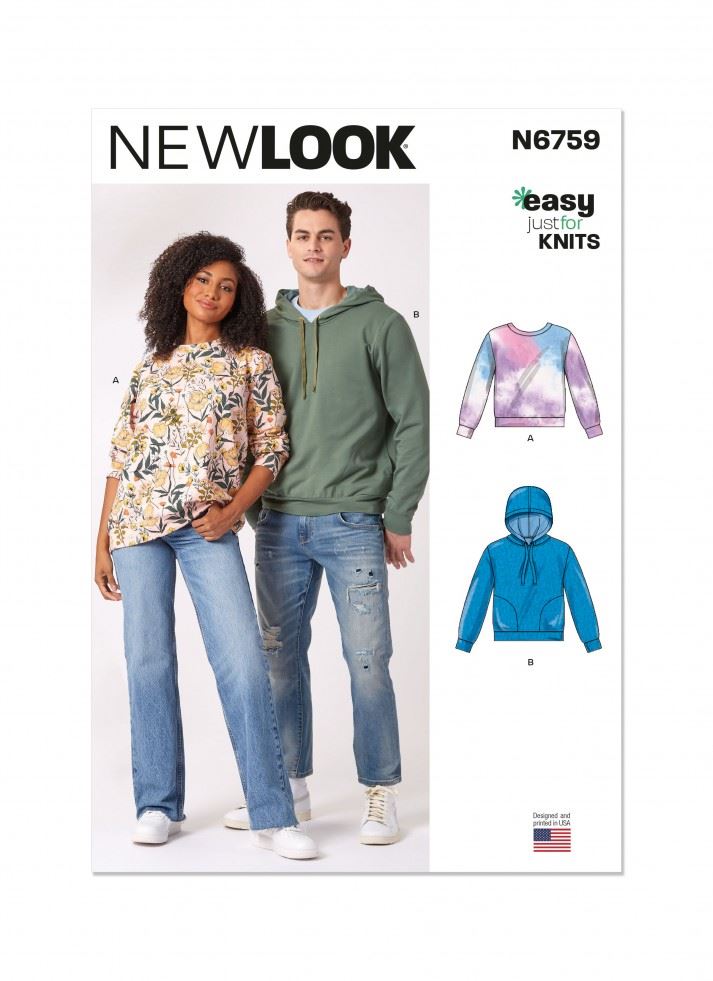 New Look 6759 Paper Sewing Pattern – Men’s & Women’s Tops, Sweaters & Hoodies, Sizes S–M–L–XL–XXL, Easy
