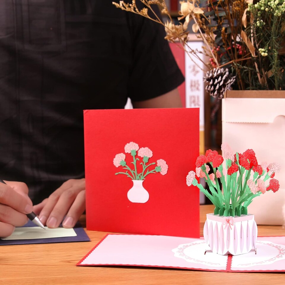image 1 of Carnation Vase 3D Pop Up Greeting Card - Mother's Day Anniversary Birthday Get Well