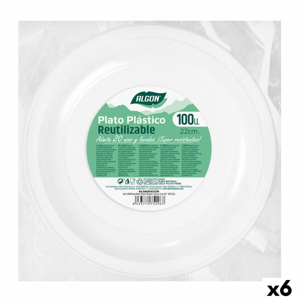 image 1 of Set of reusable plates Algon Circular White Plastic 22 x 22 x 1,5 cm (6 Units) N/A