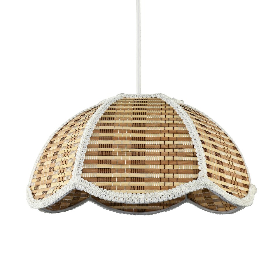 image 1 of Vintage Victorian Rattan Pendant Shade with White Embroidered Trim Brown