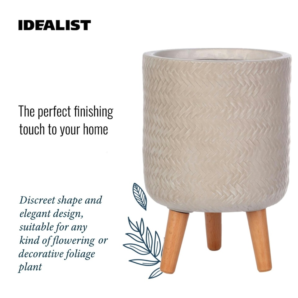 image 1 of Plaited Style Beige Cylinder Planter on Legs, Round Pot Plant Stand Indoor D24 H35 cm, 8.7 ltrs Cap.
