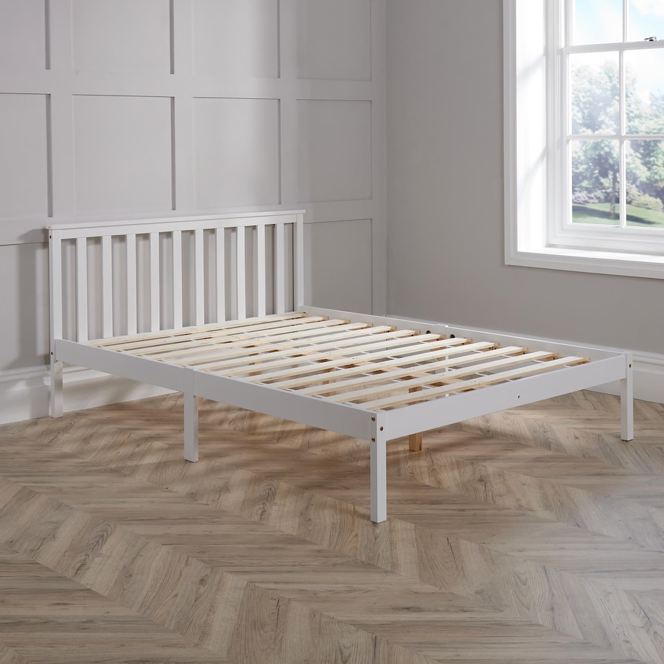 image 1 of Double Pine Solid Wood Bed 4ft6 White Low End Slatted Base Headboard Furniture