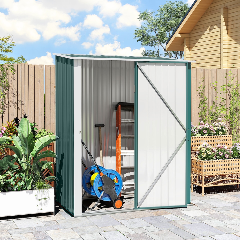 image 1 of Outsunny 5ft x 3ft Lean to Garden Shed, Metal Outdoor Storage Shed with Single Lockable Door, Tool Storage Shed for Garden, Patio, Green