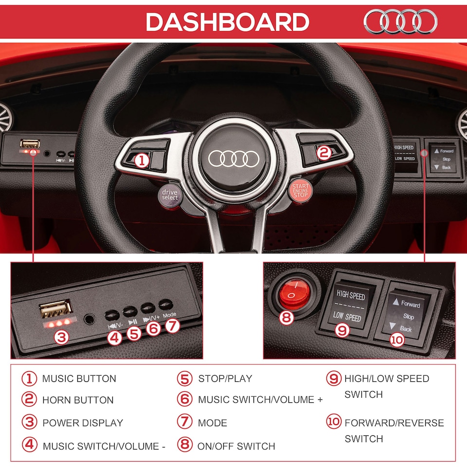 image 1 of HOMCOM 12V Battery Licensed Audi TT RS Ride-On Car w/ Headlight, Red