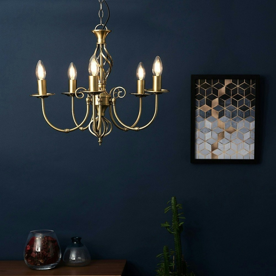 image 1 of ValueLights Memphis Twist Antique Brass Gold Chandelier and E14 Candle LED 4W Cool White 6500K Bulb