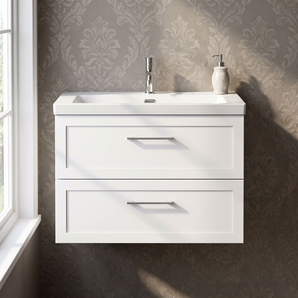 image 1 of Balterley Stonnall Traditional Wall Hung 2 Drawers Vanity Unit with 1 Tap Hole Fireclay Basin, 800mm, Matt White