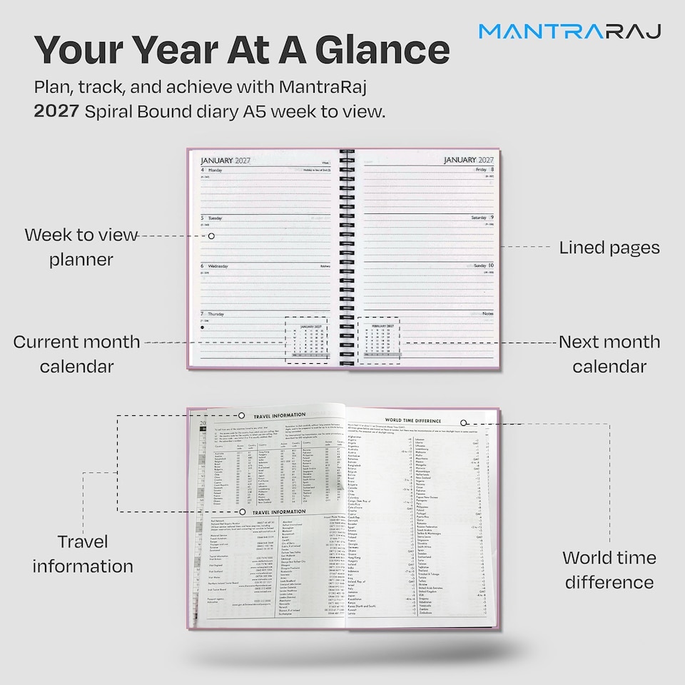image 1 of 2027 Diary A5 Size Wiro Week to View Bright Diary Spiral Week To View Hardcover Diaries Planner Organizer (Purple)