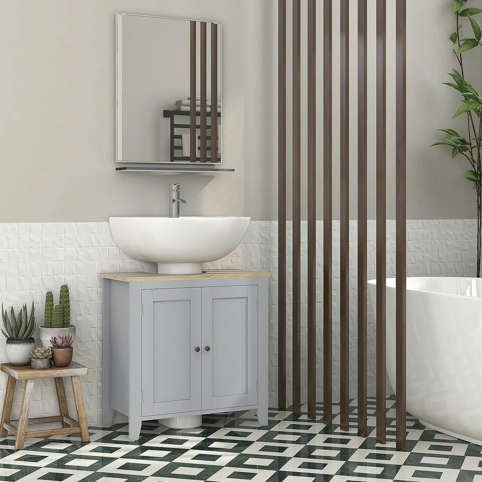 image 1 of kleankin Bathroom Pedestal Under Sink Cabinet with Adjustable Shelf, Grey Grey