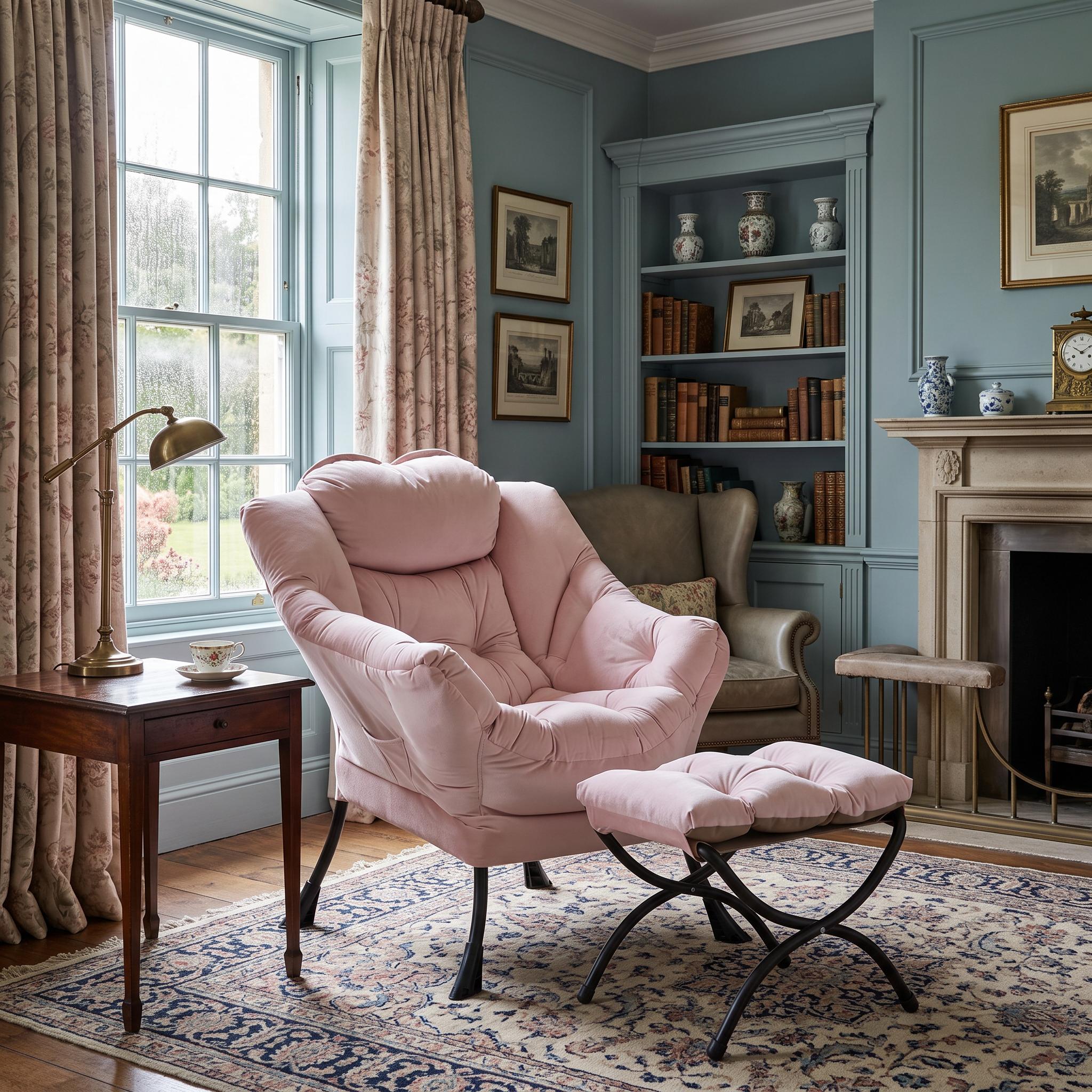 London Boutique Velvet Armchair Soft Upholstered Lounge Chair with Ottoman - Pink