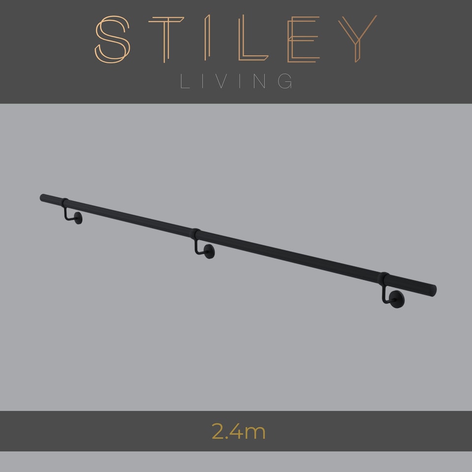 image 1 of Stiley Living 2.4m Matt Black Wall-Mounted Stair Handrail Kit with Brackets & Fixings