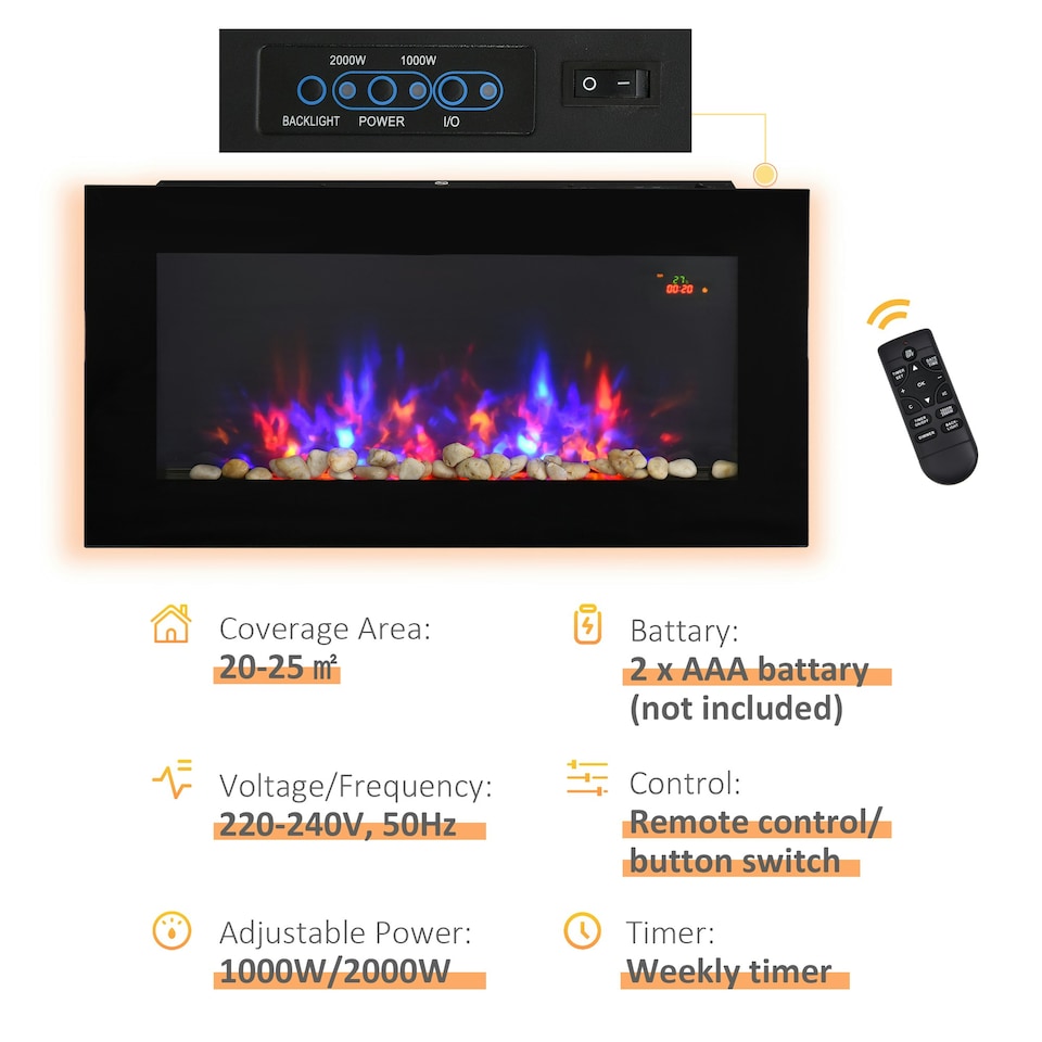 image 1 of HOMCOM 1000W/2000W LED Electric Fireplace Automatic Function Remote Timer Safe