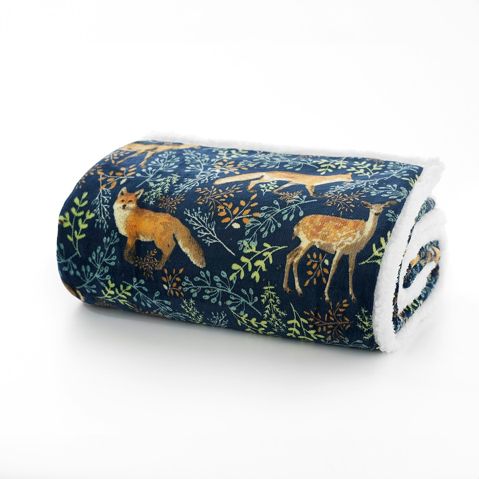 image 1 of Fox and Deer Soft Fleece Throw - 140 x 180cm Cosy Sherpa Blanket Blue | Navy