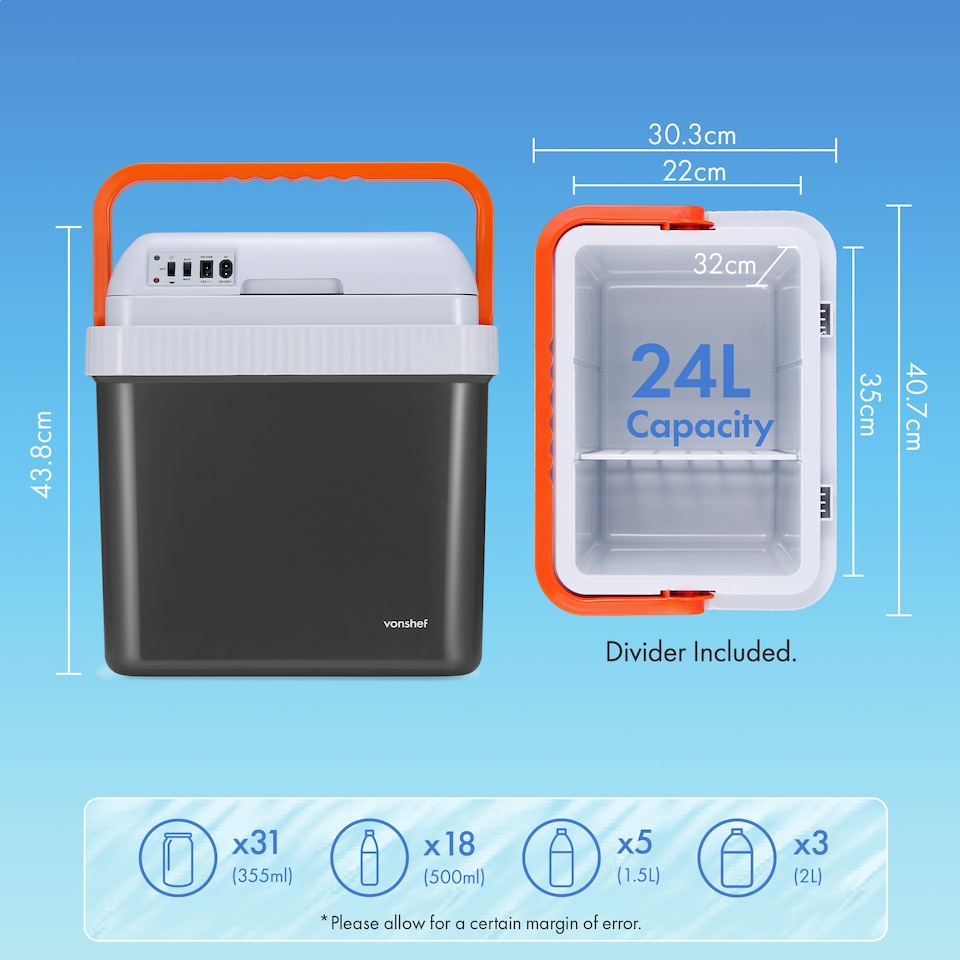 image 1 of Vonshef 24L Electric Cool Box, Insulated Cooler with Hot Cold Function | Black | White & Orange