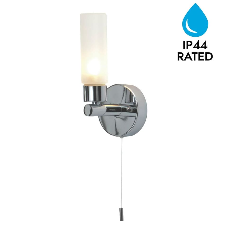 image 1 of Polished Chrome IP44 Bathroom Tube Wall Light With Pull Cord Switch | Chrome | White | 1