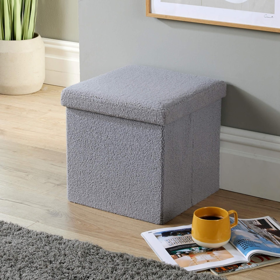 image 1 of Folding Ottoman Cream Boucle Teddy Bear Fabric Chest Solid Storage Box | Grey | Grey