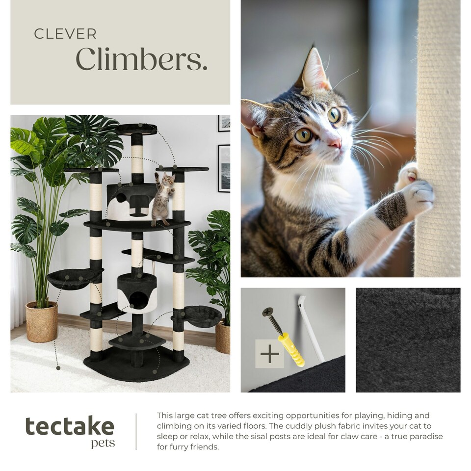 image 1 of Cat Tree Nelly - 204 cm tall, sisal scratching posts, toy & anti-tip protection - Black/White