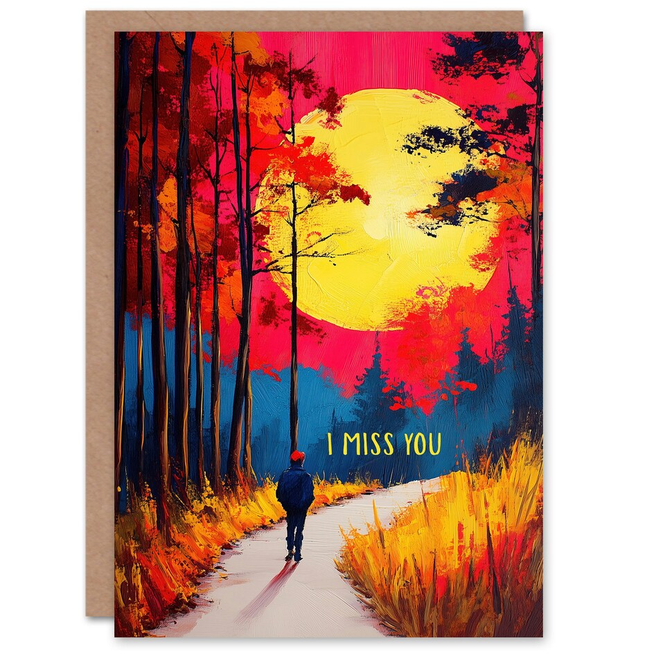 image 1 of Miss You Card Autumn Forest Path Walk Vibrant Sunset Sky