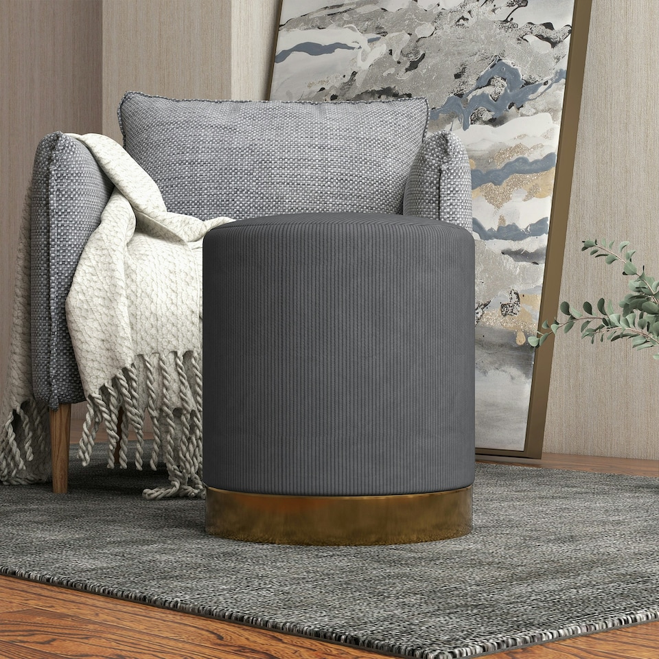 image 1 of HOMCOM Modern Round Footstool, Fabric Upholstered Foot Rest, Charcoal Grey