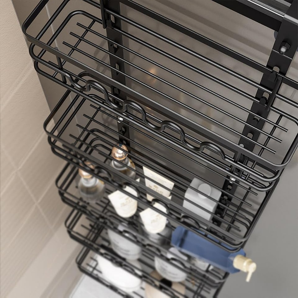 image 1 of London Boutique 4-Tier Black Over the Door Organizer for Bathroom & Kitchen Adjustable Multi-Tier Storage Shelf (W)32cm (D)15cm