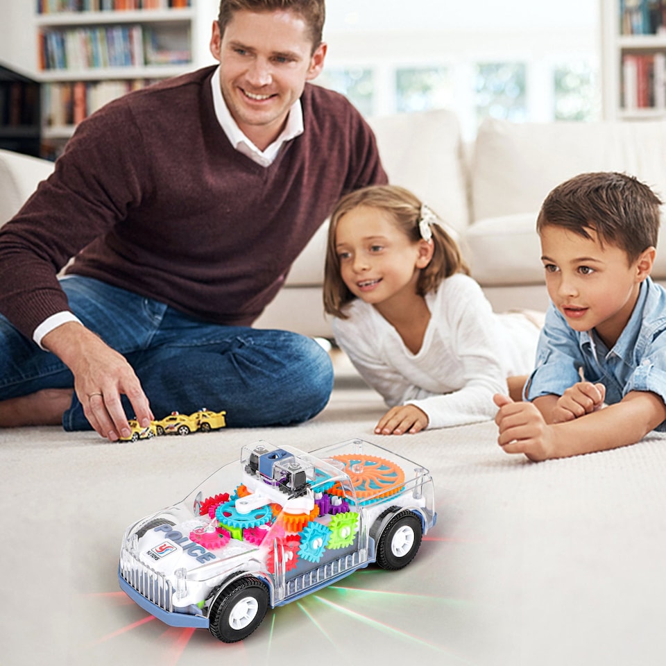 image 1 of Electric Transparent Police Gear Car Toy - Light & Sound Effects with Rotation & Obstacle Avoidance