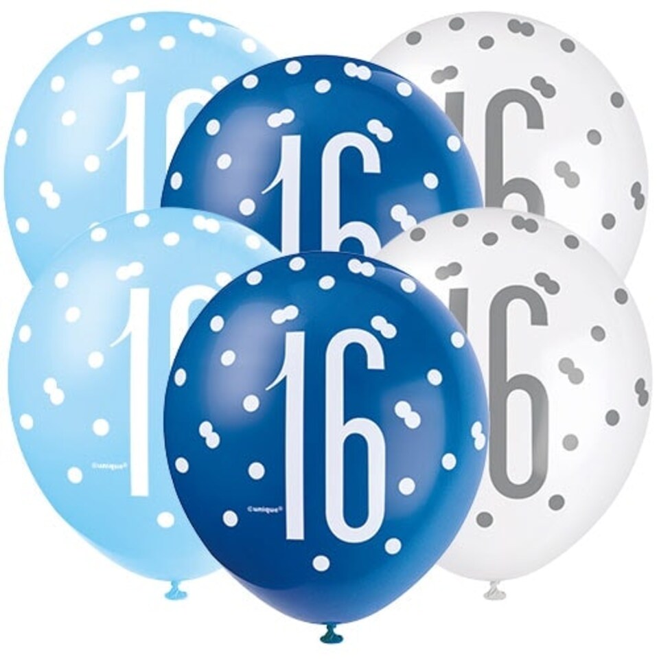 image 1 of Blue Glitz Age 16 Assorted Biodegradable Latex Balloons 30cm / 12 in - Pack of 6