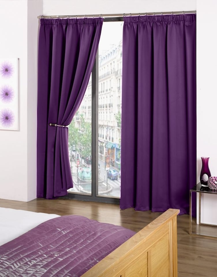image 1 of Essential Woven Thermal Blackout Pencil Pleat Curtains 168cm x 228cm Amethyst | Purple | Purple