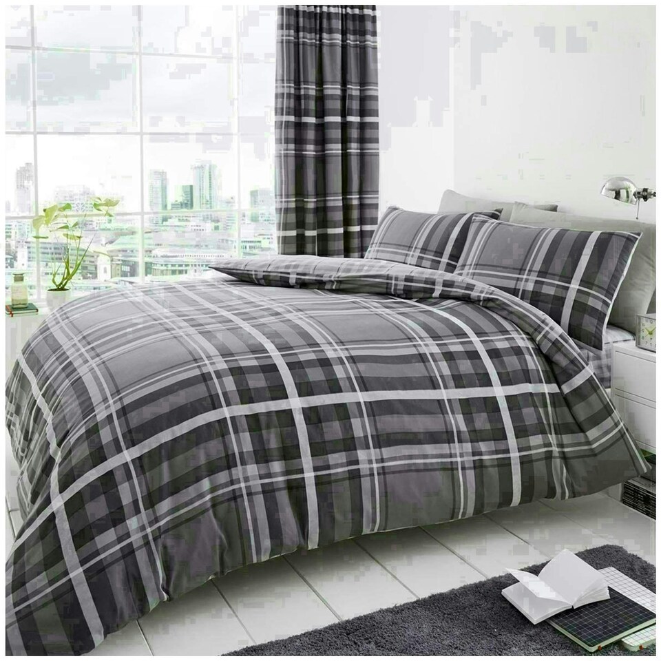 image 1 of Newton Tartan Check Duvet Cover Set Reversible Polycotton Beddings Grey | King