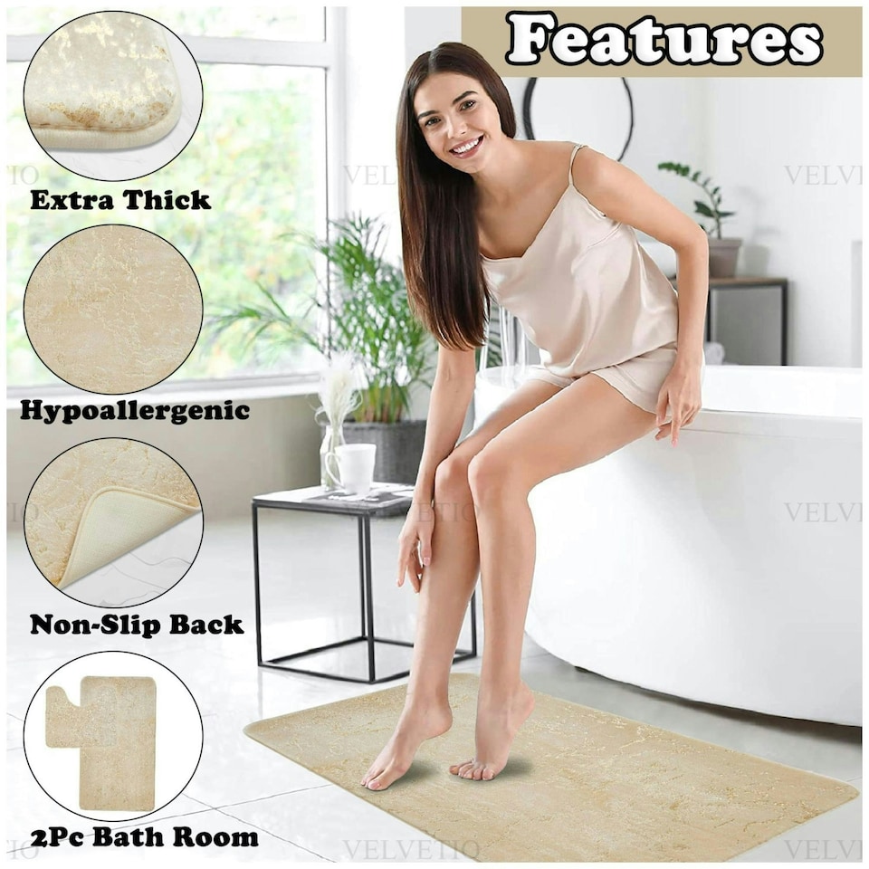 image 1 of VELVETIO Glitter Bath Mat Set Non Slip Water Absorbent Toilet Rugs Cream