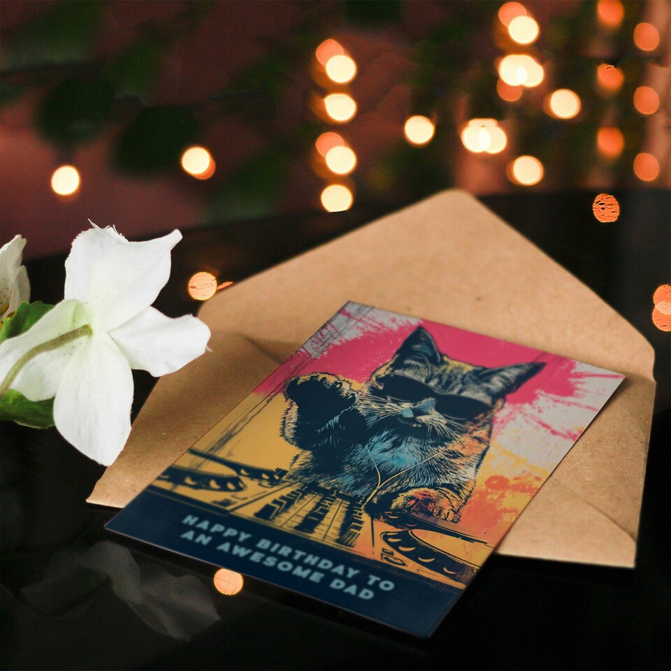 image 1 of Awesome Dad DJ Cat Lover Vinyl Decks Records Music Birthday Card
