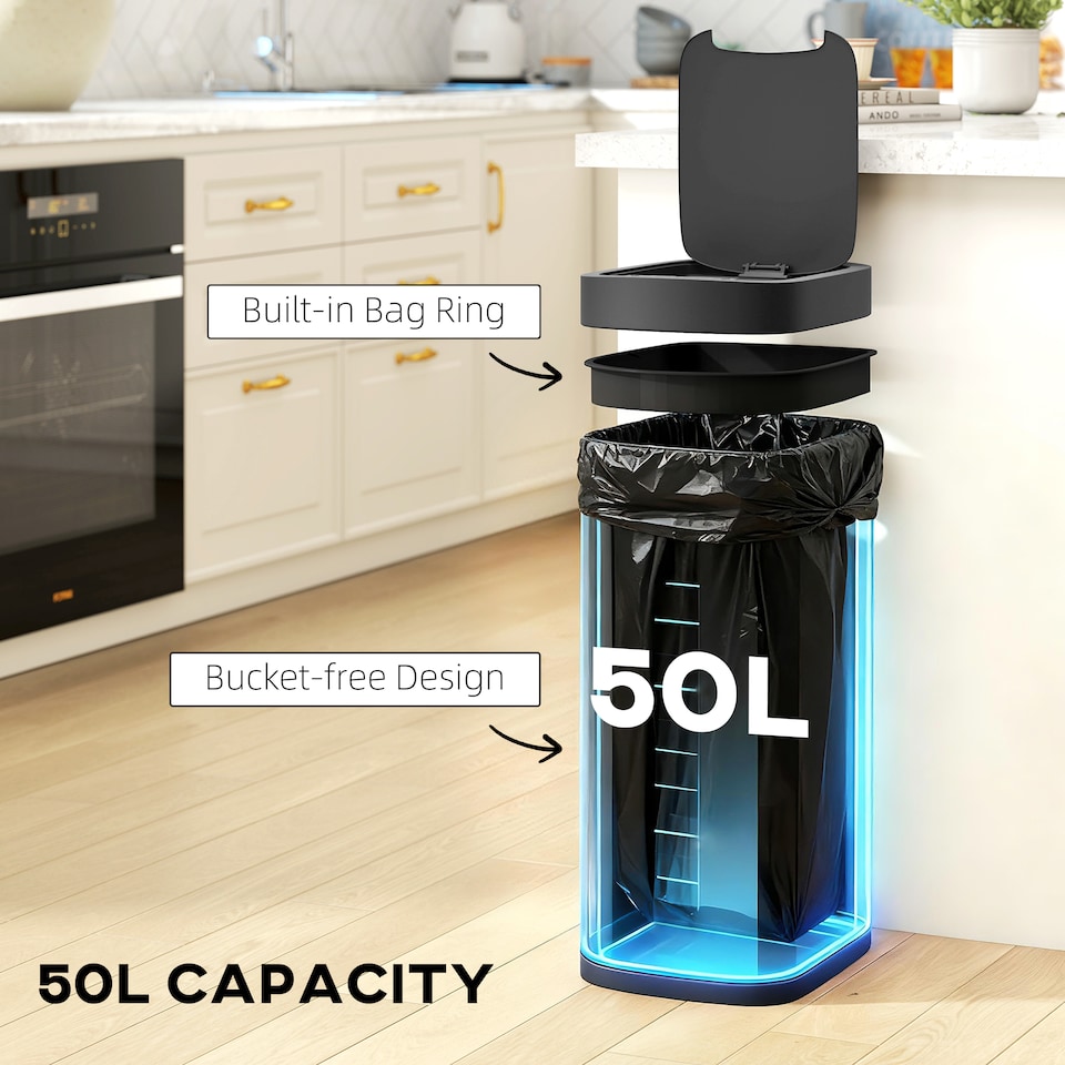 image 1 of HOMCOM 50L Sensor Bin, Touchless Kitchen Bin, Battery Operated, Silver Tone