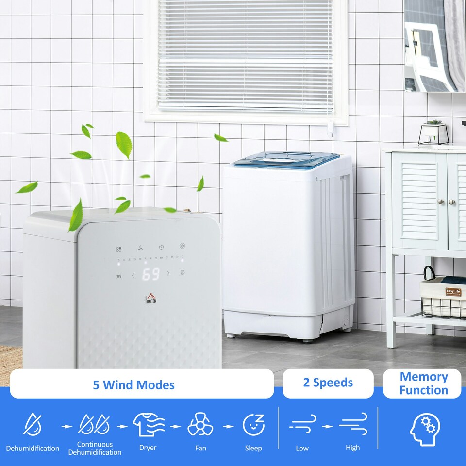 image 1 of HOMCOM 12L/Day Protable Quiet Air Dehumidifier with Purifier, Timer, 5 Modes