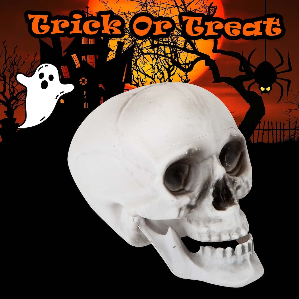 image 1 of vfm-estore Halloween Skull With Moving Jaw Decoration - White