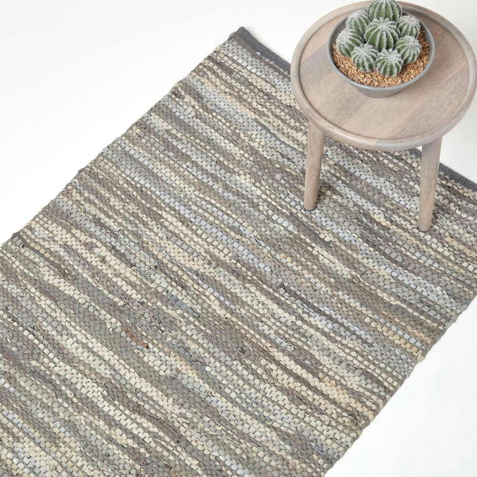 image 1 of Homescapes Denver Leather Woven Rug Grey - 150 x 240 cm | Grey | Grey