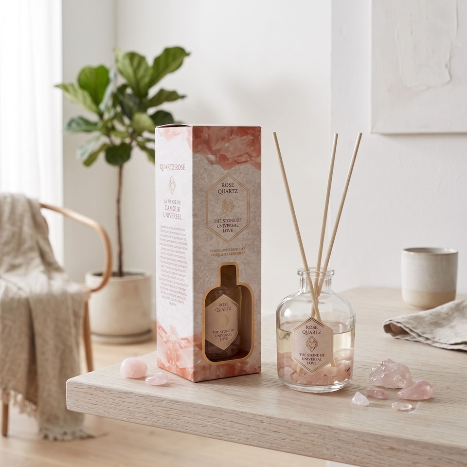 image 1 of Homescapes Rose Quartz Crystal Reed Diffuser – Rose & Eucalyptus Scent