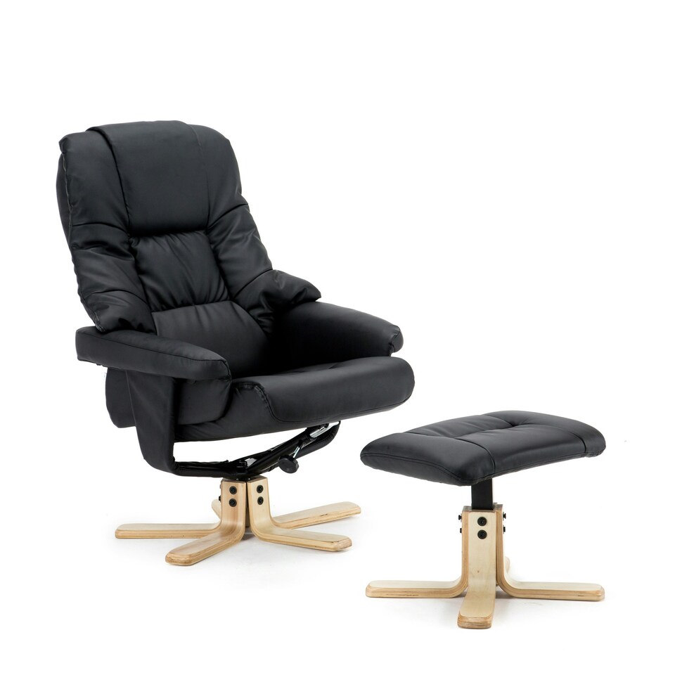 image 1 of Sorento Bonded Leather Swivel Recliner Armchair Chair w Footstool (Black)