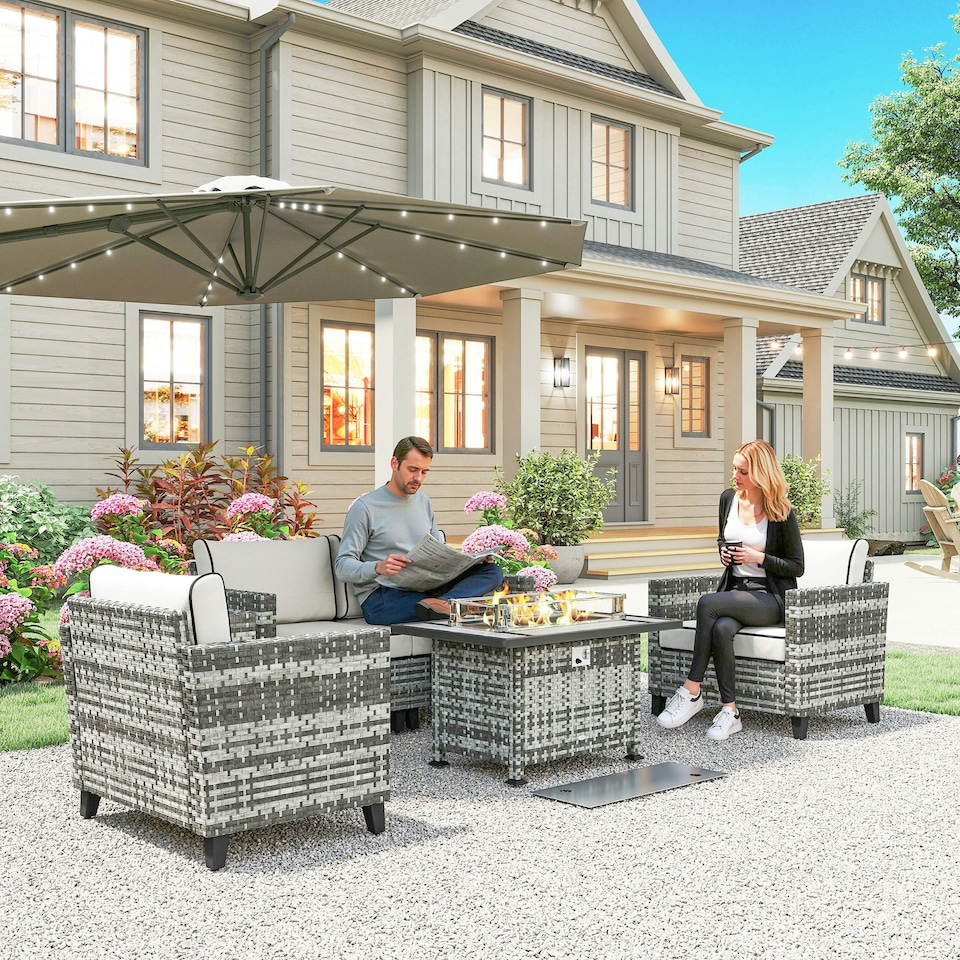 image 1 of Outsunny 5 PCs Rattan Garden Furniture Set with Gas Fire Pit Table, Brown