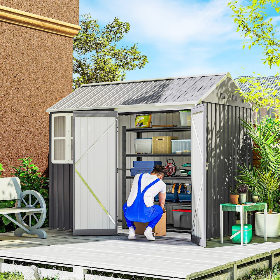 image 1 of Outsunny 8 x 6 ft Garden Shed, Metal Shed with Double Doors, Window and Air Vents, Galvanised Outdoor Lockable Tool Storage House, Grey