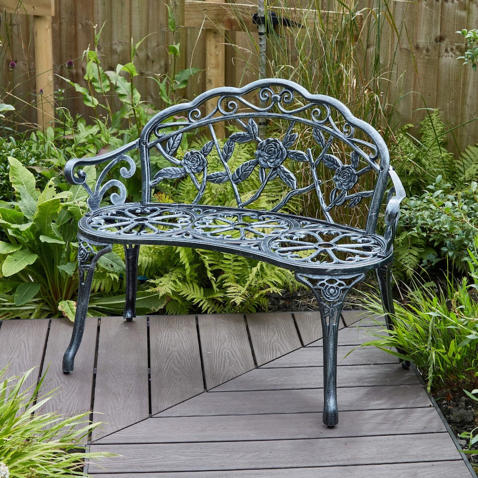 image 1 of Cast Aluminium Garden Bench Metal Frame 2 Seater Patio Chair Outdoor Seating | Grey