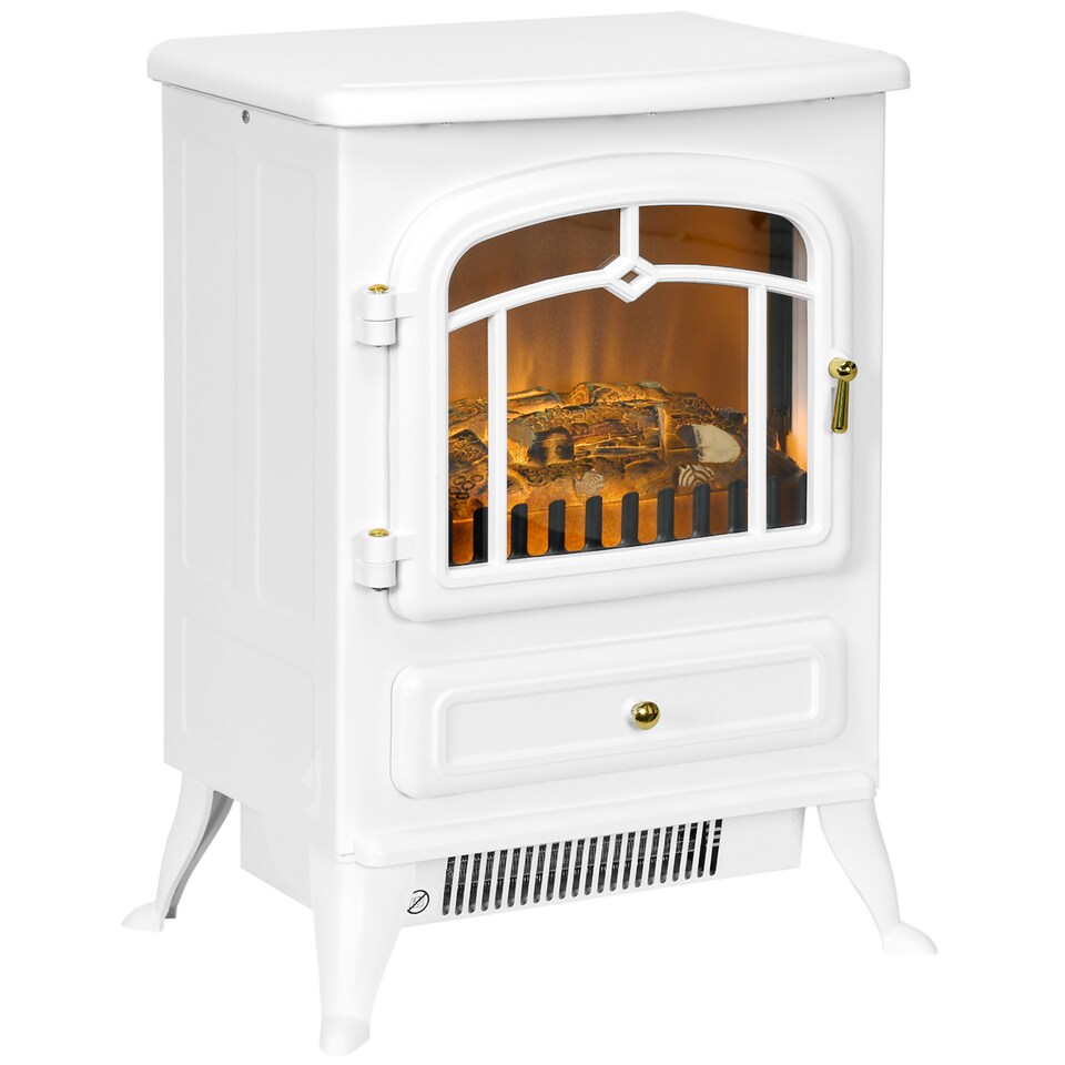 image 1 of HOMCOM Freestanding Electric Fireplace Indoor Heater Glass View Log Wood Burning Effect Flame Portable Fireplace Stove 9501850W White